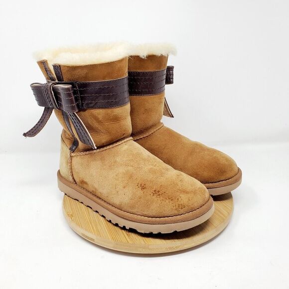 UGG Josette Boots Womens 5 Chestnut Brown Suede Shearling Bow Trim - Picture 2 of 14